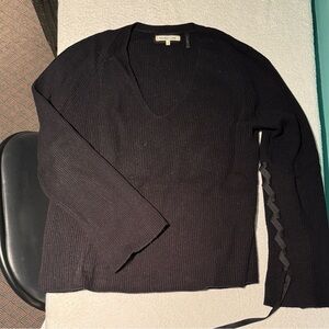 Helmut Lang Black V-Neck Ribbed Knit Sweater with Side Ribbon